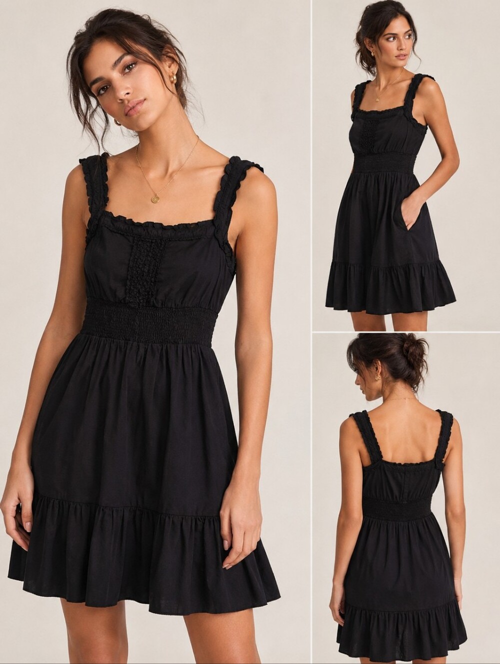Maeve Anthropologie Navy Blue/Black Cotton Smocked Ruffle Strap Mini Dress Sz 4